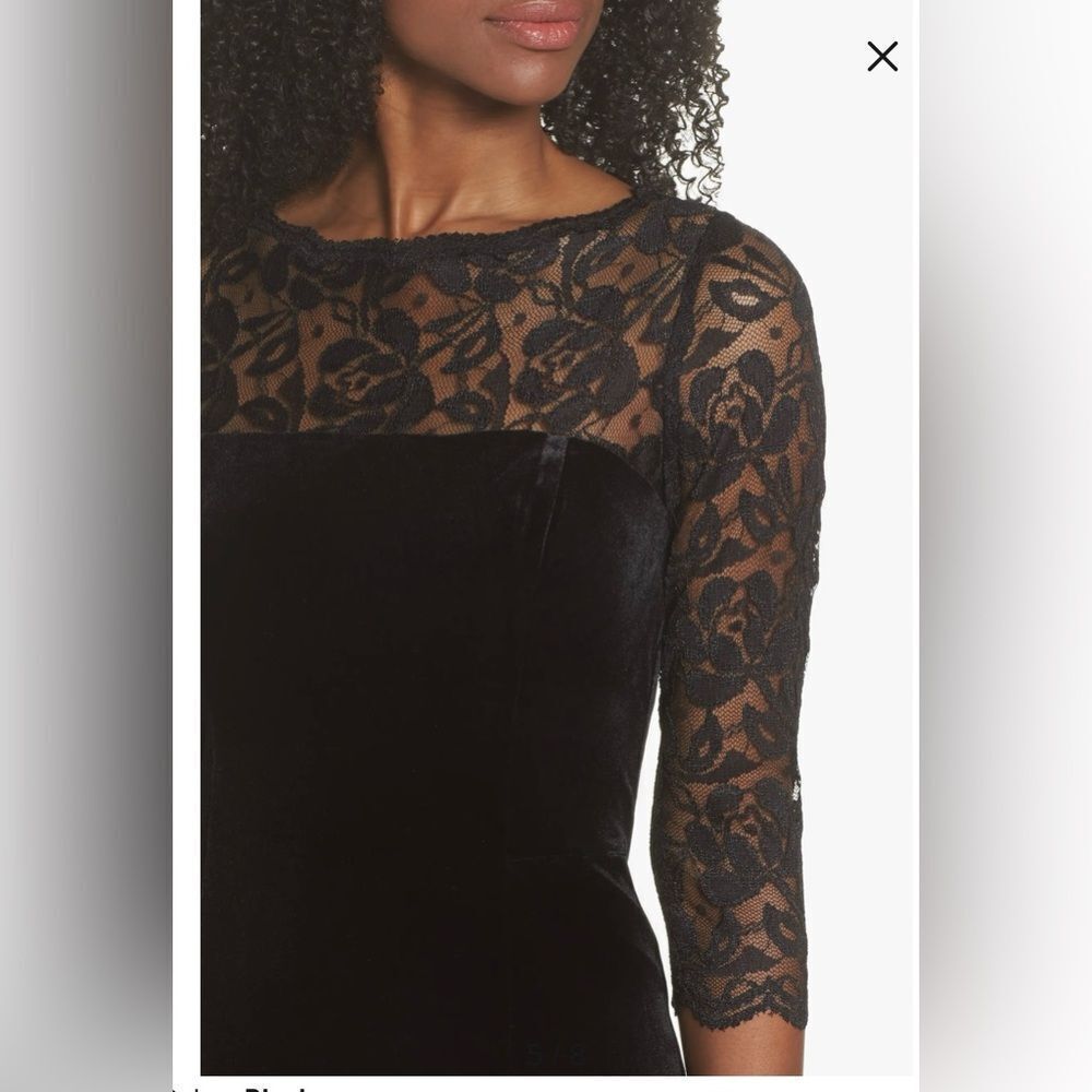 Eliza J lace & velvet sheath black midi dress 3/4 sleeves fully lined‎ sz 8 - Picture 4 of 16